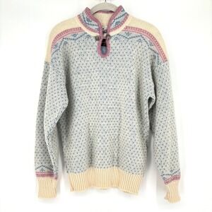 Vintage Made in USA Wool Fair Isle Grandma Sweater Sz L Cream Blue Pink Cottage